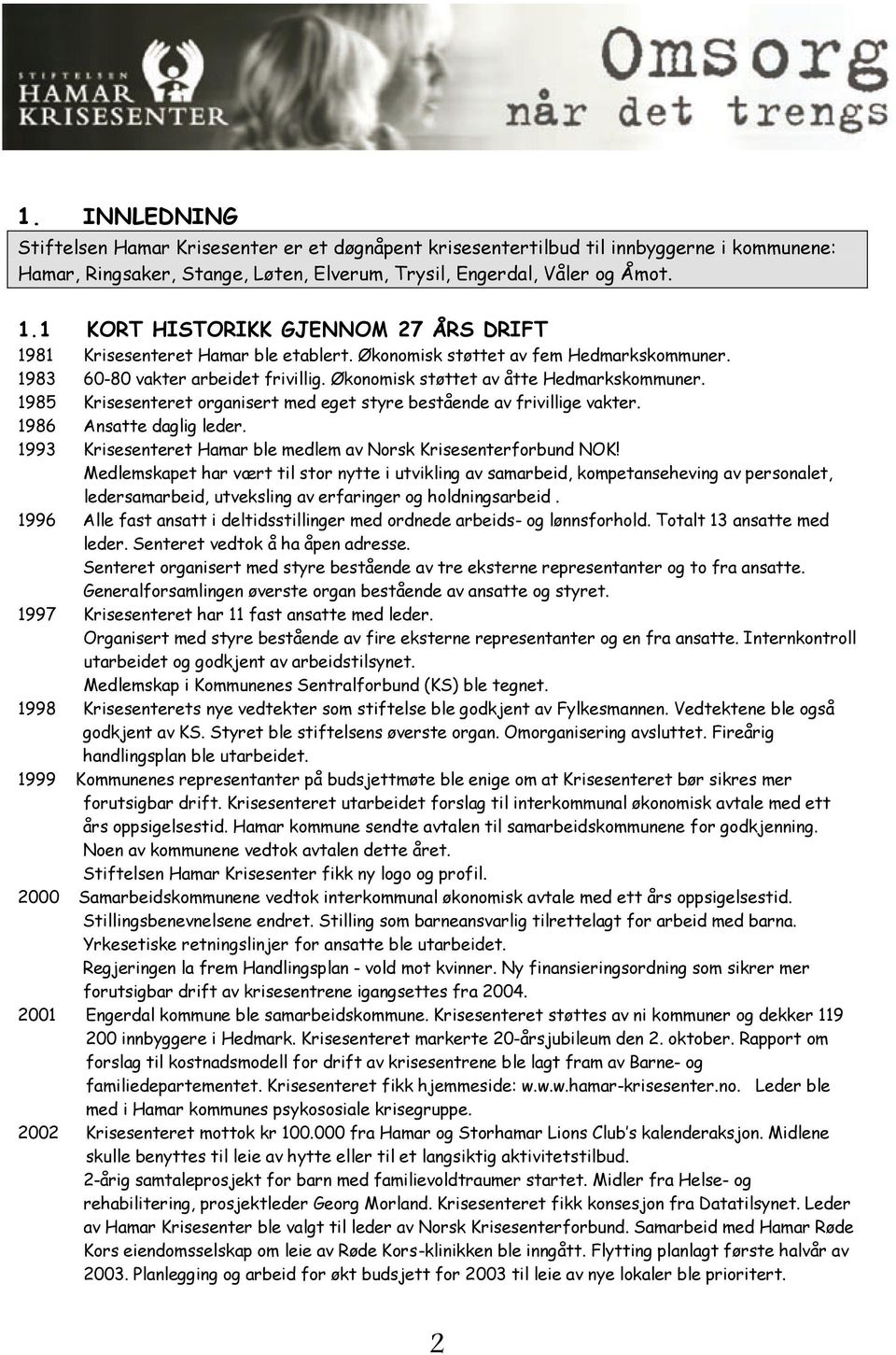 Økonomisk støttet av åtte Hedmarkskommuner. 1985 Krisesenteret organisert med eget styre bestående av frivillige vakter. 1986 Ansatte daglig leder.