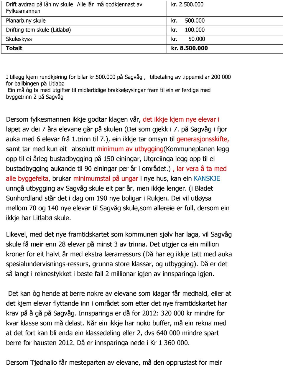 fylkesmannen ikkje godtar klagen vår, det ikkje kjem nye elevar i løpet av dei 7 åra elevane går på skulen (Dei som gjekk i 7. på Sagvåg i fjor auka med 6 elevar frå 1.trinn til 7.