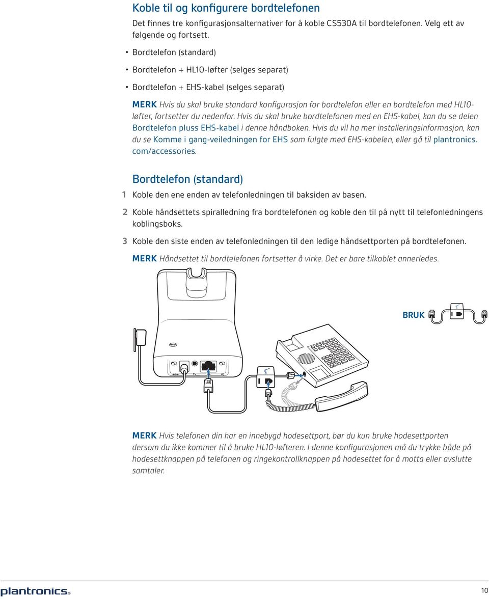 HL10- løfter, fortsetter du nedenfor. Hvis du skal bruke bordtelefonen med en EHS-kabel, kan du se delen Bordtelefon pluss EHS-kabel i denne håndboken.