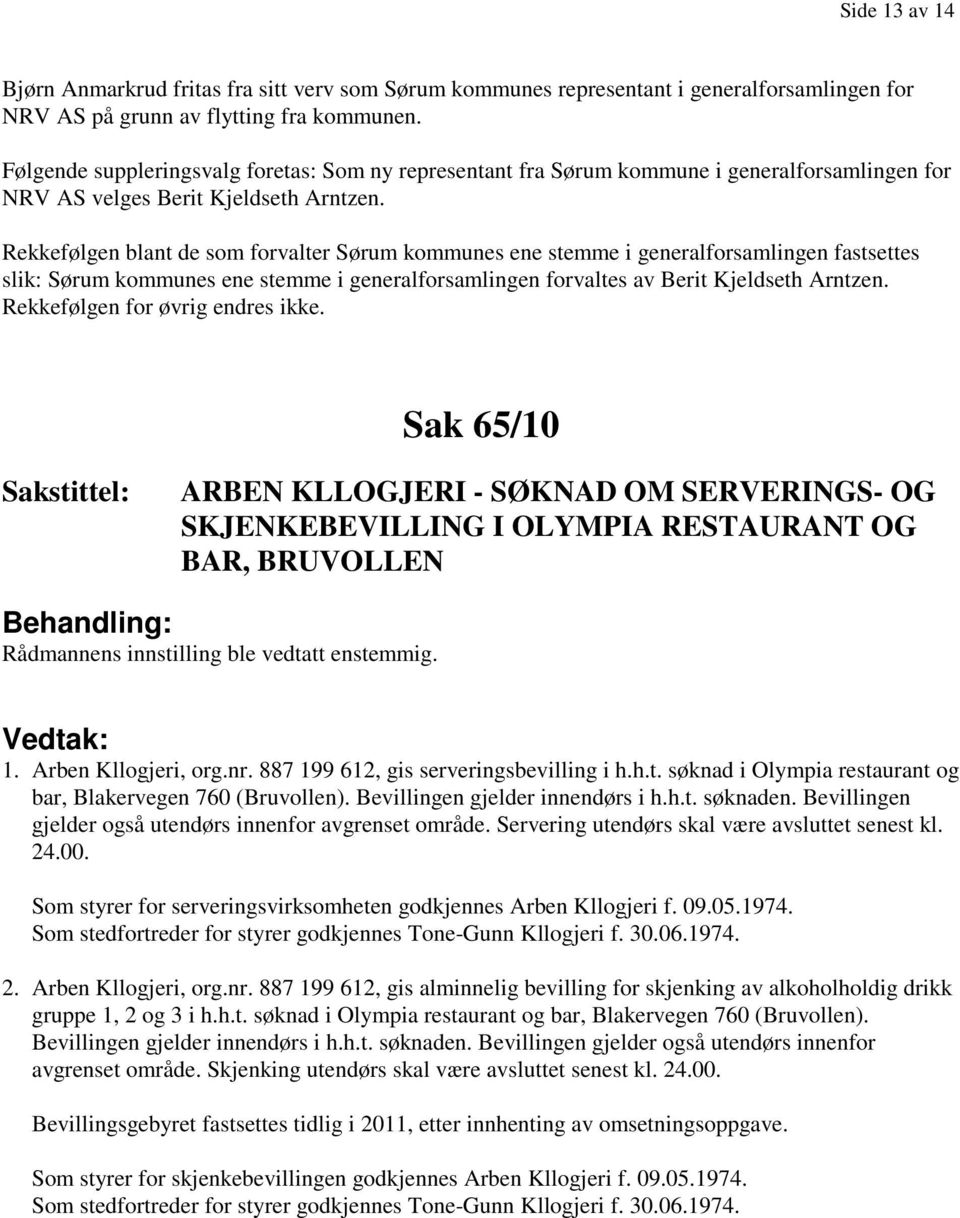 Rekkefølgen blant de som forvalter Sørum kommunes ene stemme i generalforsamlingen fastsettes slik: Sørum kommunes ene stemme i generalforsamlingen forvaltes av Berit Kjeldseth Arntzen.