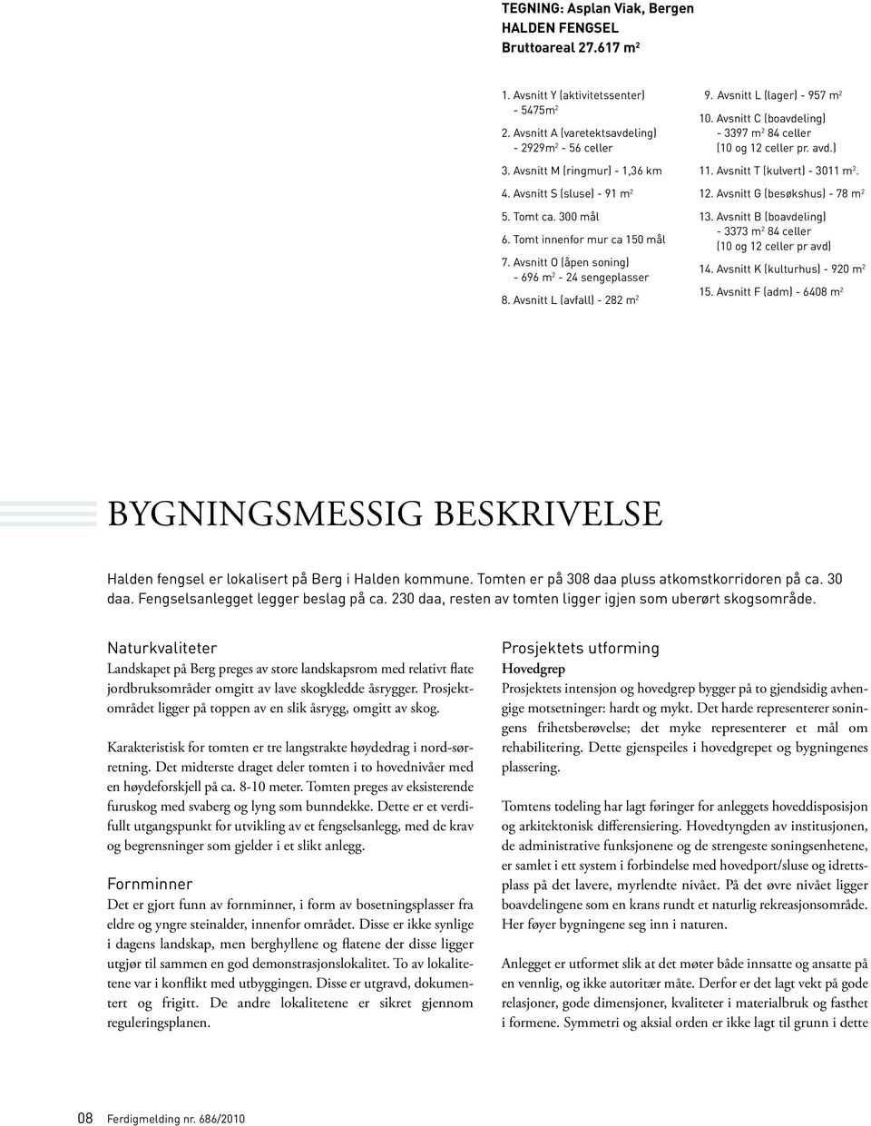 avsnitt C (boavdeling) - 3397 m 2 84 celler (10 og 12 celler pr. avd.) 11. avsnitt T (kulvert) - 3011 m 2. 12. avsnitt G (besøkshus) - 78 m 2 13.