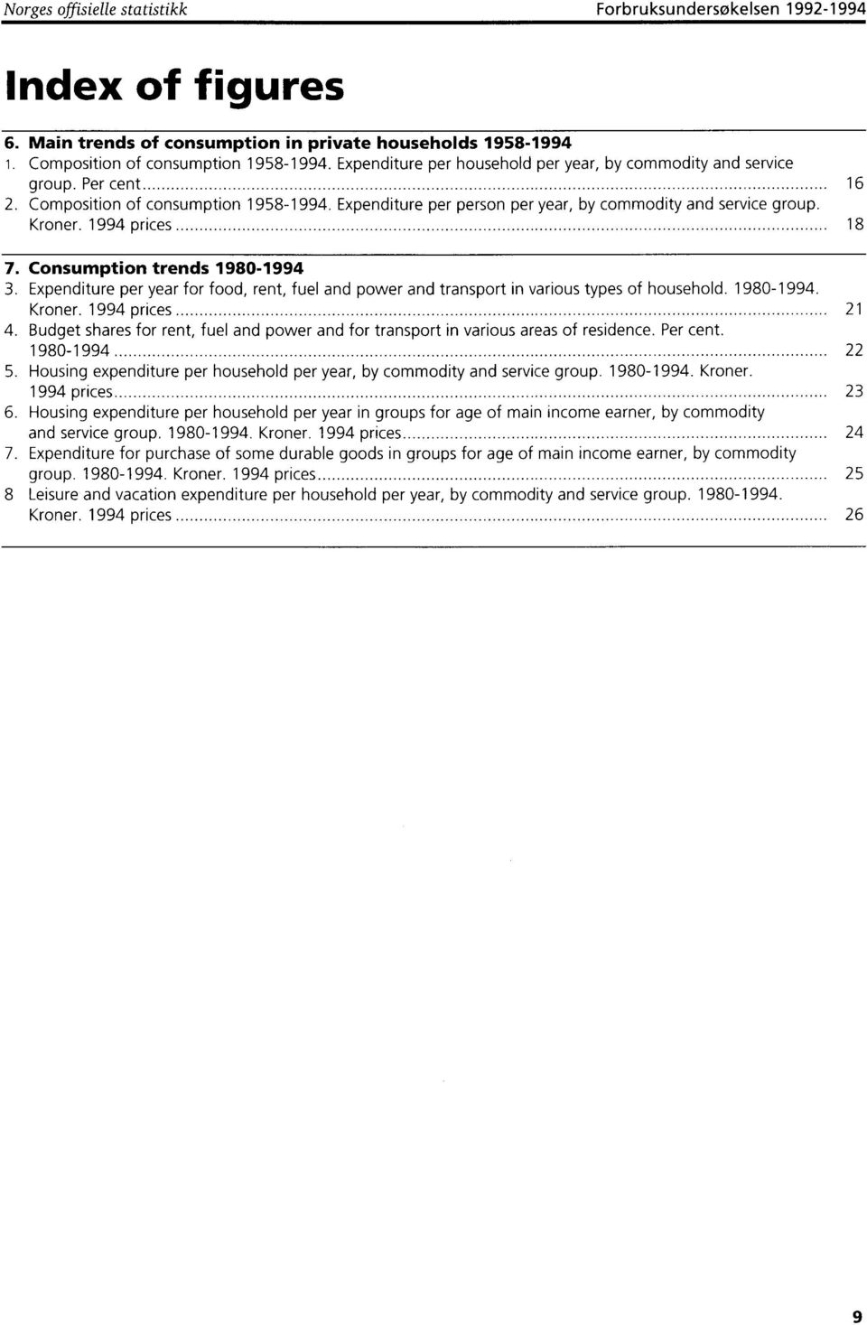 994 prices 8 7. Consumption trends 980-994 3. Expenditure per year for food, rent, fuel and power and transport in various types of household. 980-994. Kroner. 994 prices 4.