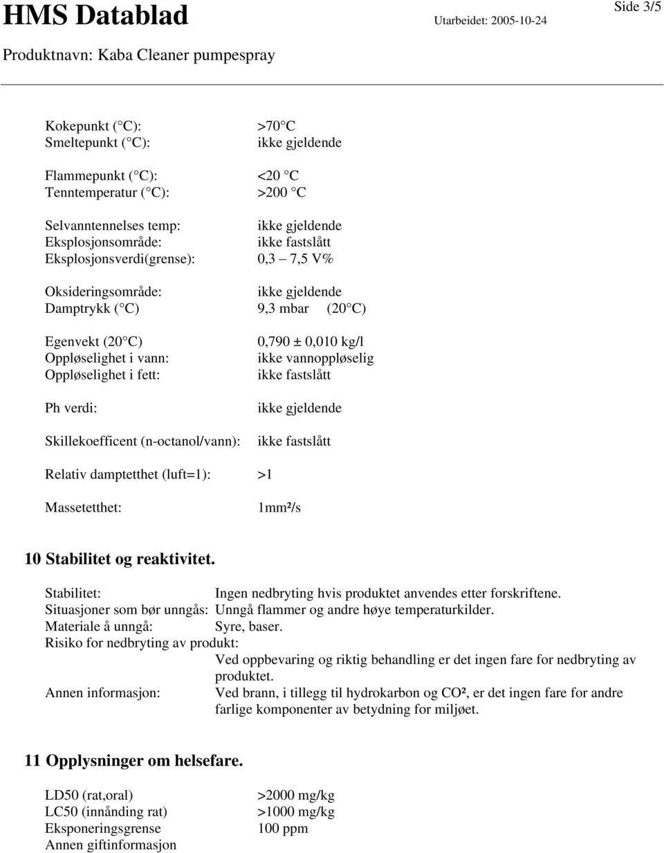 (luft=1): >1 Massetetthet: 1mm²/s 10 Stabilitet og reaktivitet. Stabilitet: Ingen nedbryting hvis produktet anvendes etter forskriftene.