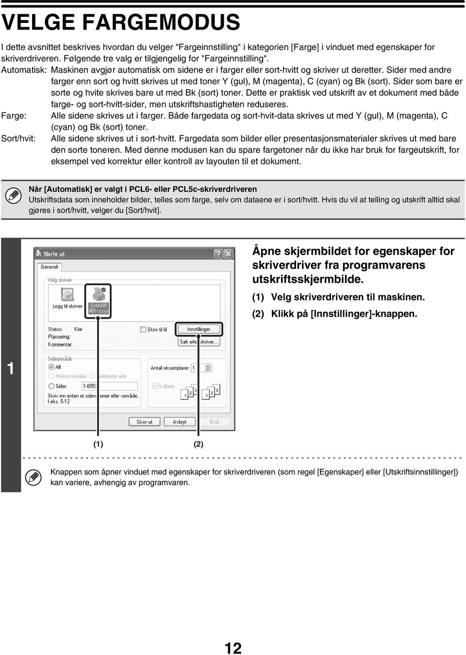 Sider med andre farger enn sort og hvitt skrives ut med toner Y (gul), M (magenta), C (cyan) og Bk (sort). Sider som bare er sorte og hvite skrives bare ut med Bk (sort) toner.