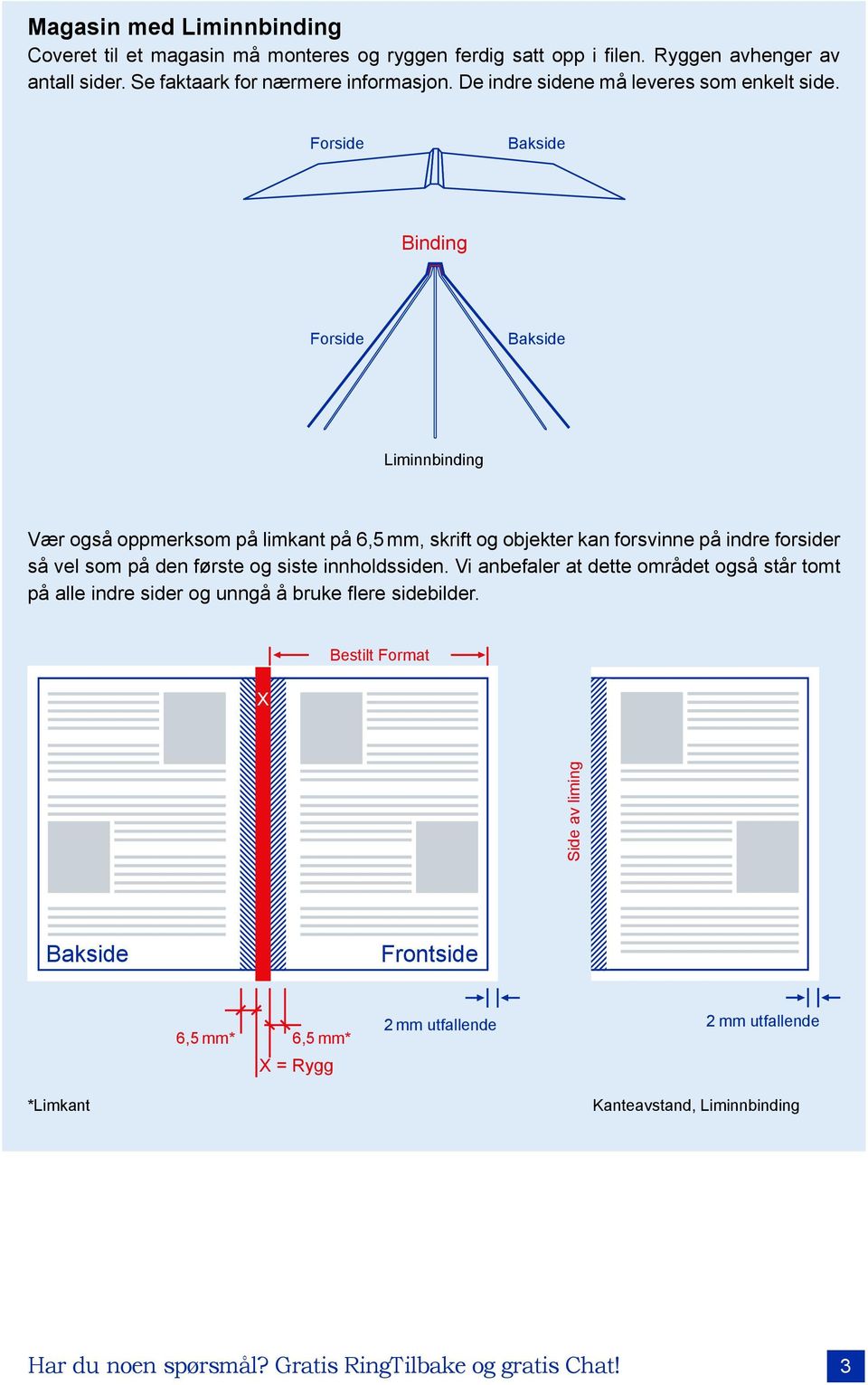 Forside Bakside Binding Forside Bakside Liminnbinding Vær også oppmerksom på limkant på 6,5 mm, skrift og objekter kan forsvinne på indre forsider så vel som på den første og