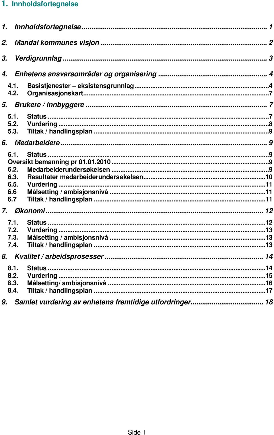 .. 9 6.3. Resultater medarbeiderundersøkelsen... 10 6.5. Vurdering... 11 6.6 Målsetting / ambisjonsnivå... 11 6.7 Tiltak / handlingsplan... 11 7. Økonomi... 12 7.1. Status... 12 7.2. Vurdering... 13 7.