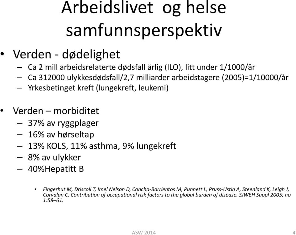 hørseltap 13% KOLS, 11% asthma, 9% lungekreft 8% av ulykker 40%Hepatitt B Fingerhut M, Driscoll T, Imel Nelson D, Concha-Barrientos M, Punnett L,