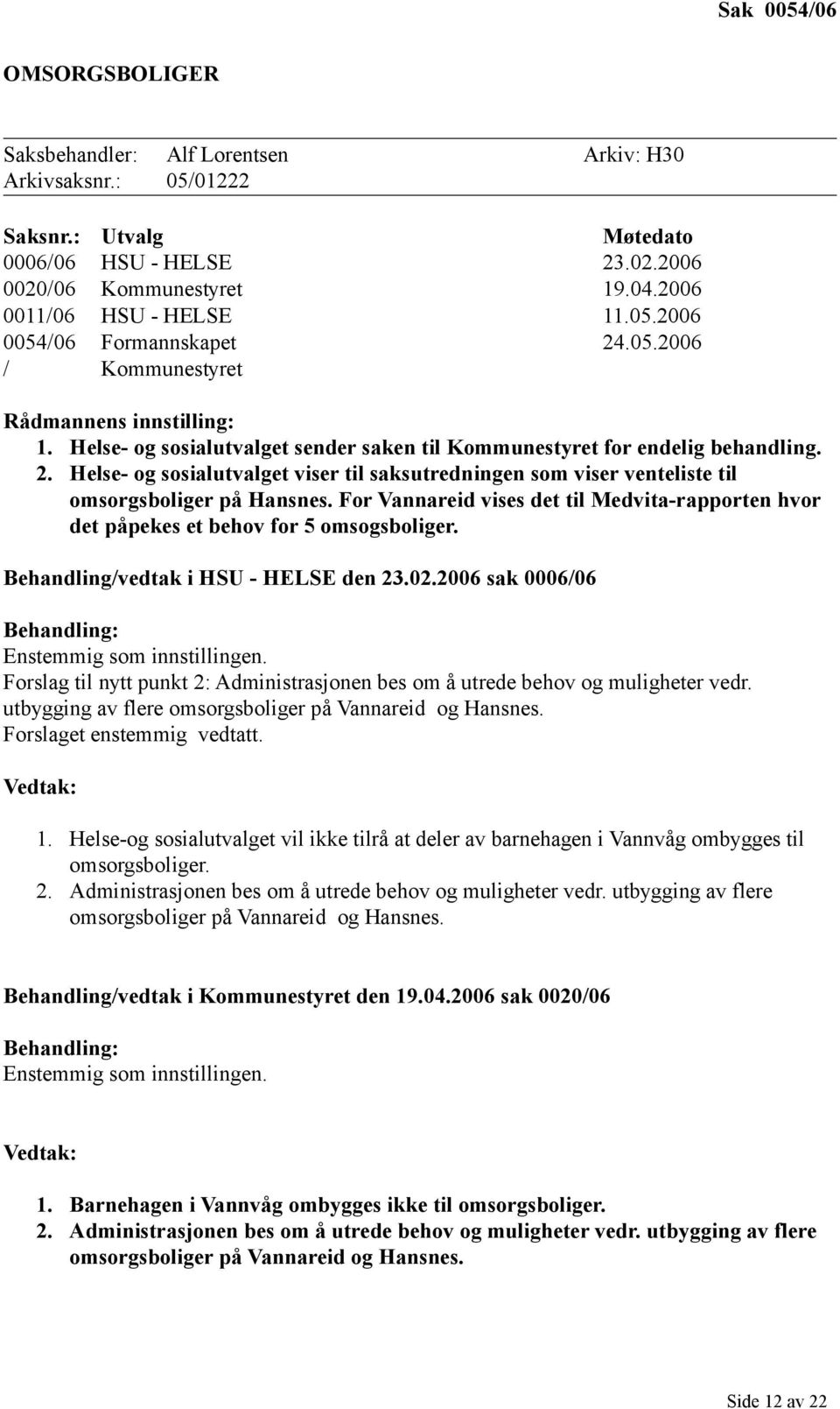 Helse- og sosialutvalget viser til saksutredningen som viser venteliste til omsorgsboliger på Hansnes. For Vannareid vises det til Medvita-rapporten hvor det påpekes et behov for 5 omsogsboliger.