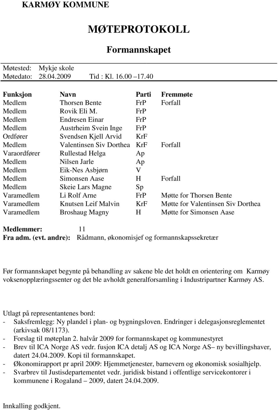 Medlem Eik-Nes Asbjørn V Medlem Simonsen Aase H Forfall Medlem Skeie Lars Magne Sp Varamedlem Li Rolf Arne FrP Møtte for Thorsen Bente Varamedlem Knutsen Leif Malvin KrF Møtte for Valentinsen Siv