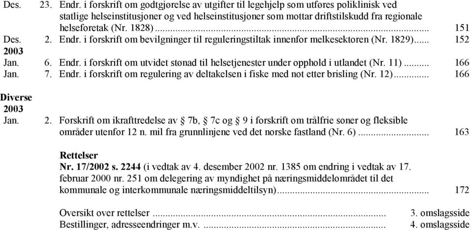 .. 151 Des. 2. Endr. i forskrift om bevilgninger til reguleringstiltak innenfor melkesektoren (Nr. 1829)... 152 2003 Jan. 6. Endr. i forskrift om utvidet stønad til helsetjenester under opphold i utlandet (Nr.