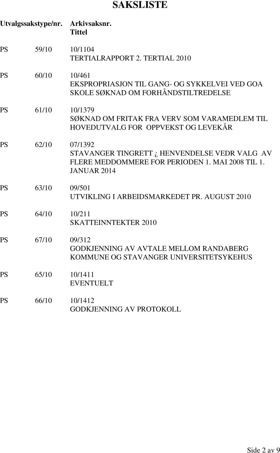 TIL HOVEDUTVALG FOR OPPVEKST OG LEVEKÅR PS 62/10 07/1392 STAVANGER TINGRETT HENVENDELSE VEDR VALG AV FLERE MEDDOMMERE FOR PERIODEN 1. MAI 2008 TIL 1.