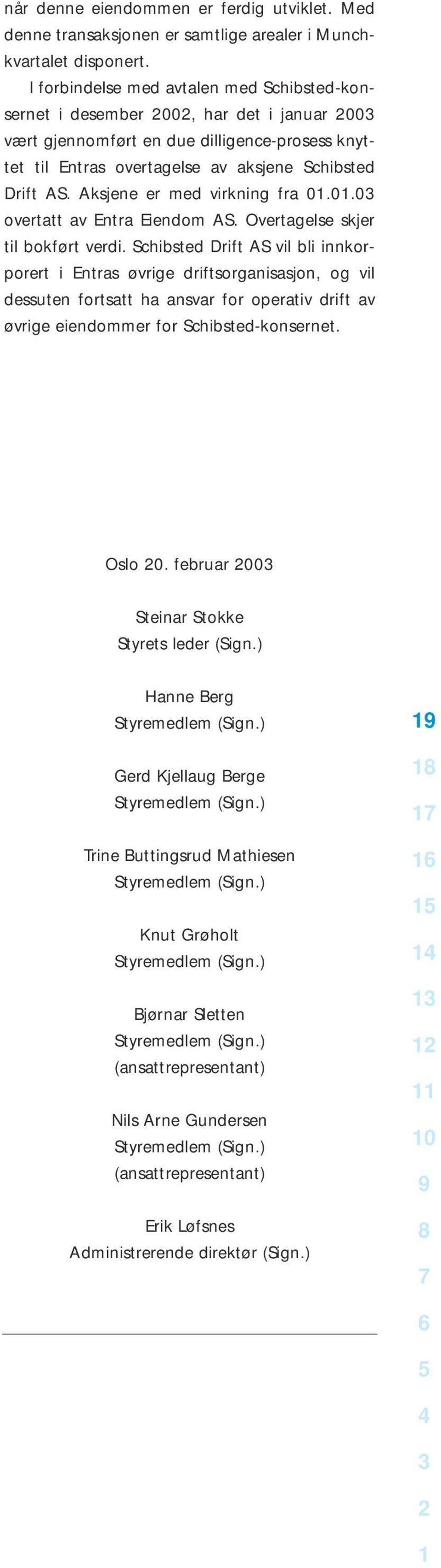 Aksjene er med virkning fra 0.0.0 overtatt av Entra Eiendom AS. Overtagelse skjer til bokført verdi.