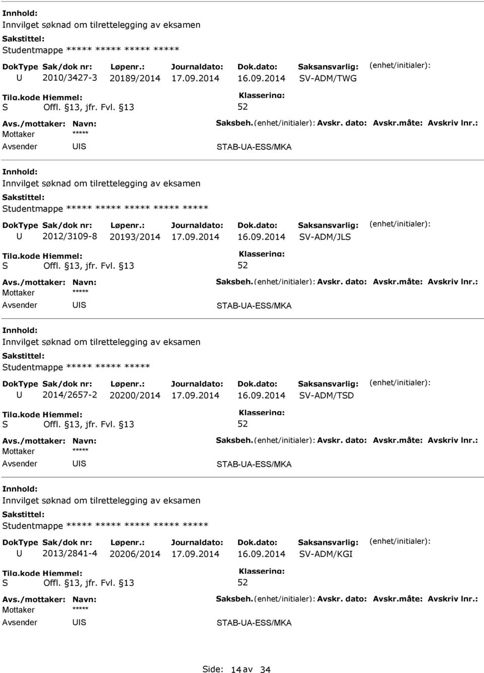 TAB-A-E/MKA nnvilget søknad om tilrettelegging av eksamen tudentmappe ***** ***** ***** 2014/2657-2 20200/2014 V-ADM/TD