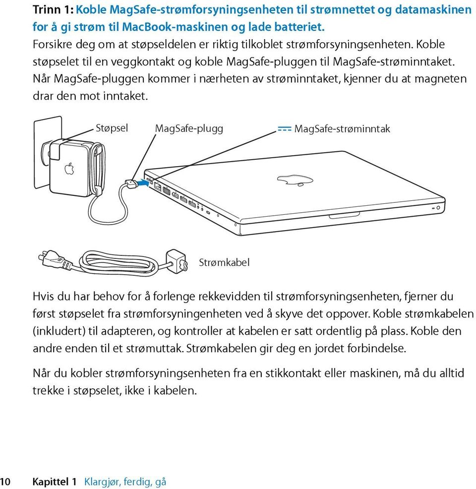 Støpsel MagSafe-plugg MagSafe-strøminntak Strømkabel Hvis du har behov for å forlenge rekkevidden til strømforsyningsenheten, fjerner du først støpselet fra strømforsyningenheten ved å skyve det