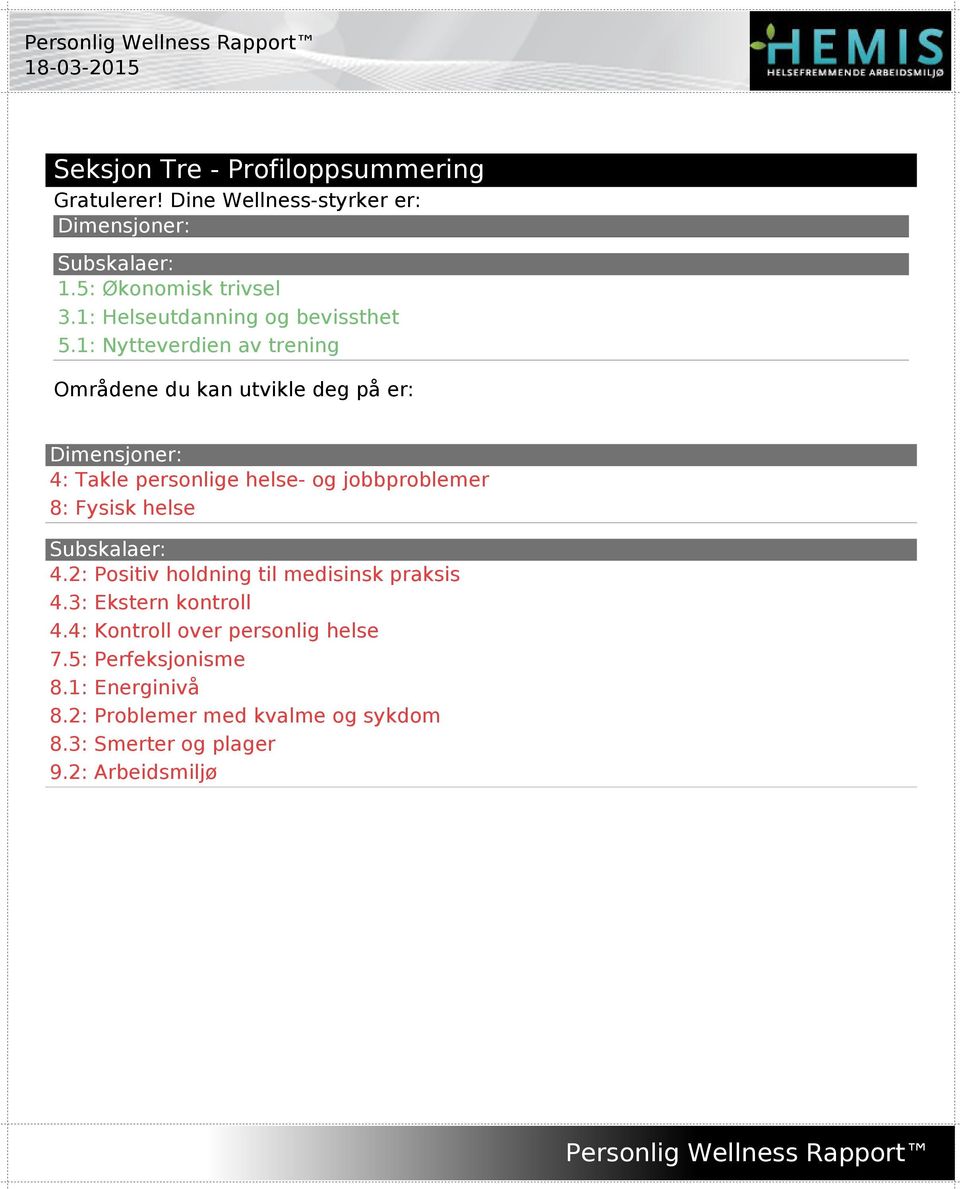 1: Nytteverdien av trening Områdene du kan utvikle deg på er: Dimensjoner: 4: Takle personlige helse- og jobbproblemer 8: Fysisk