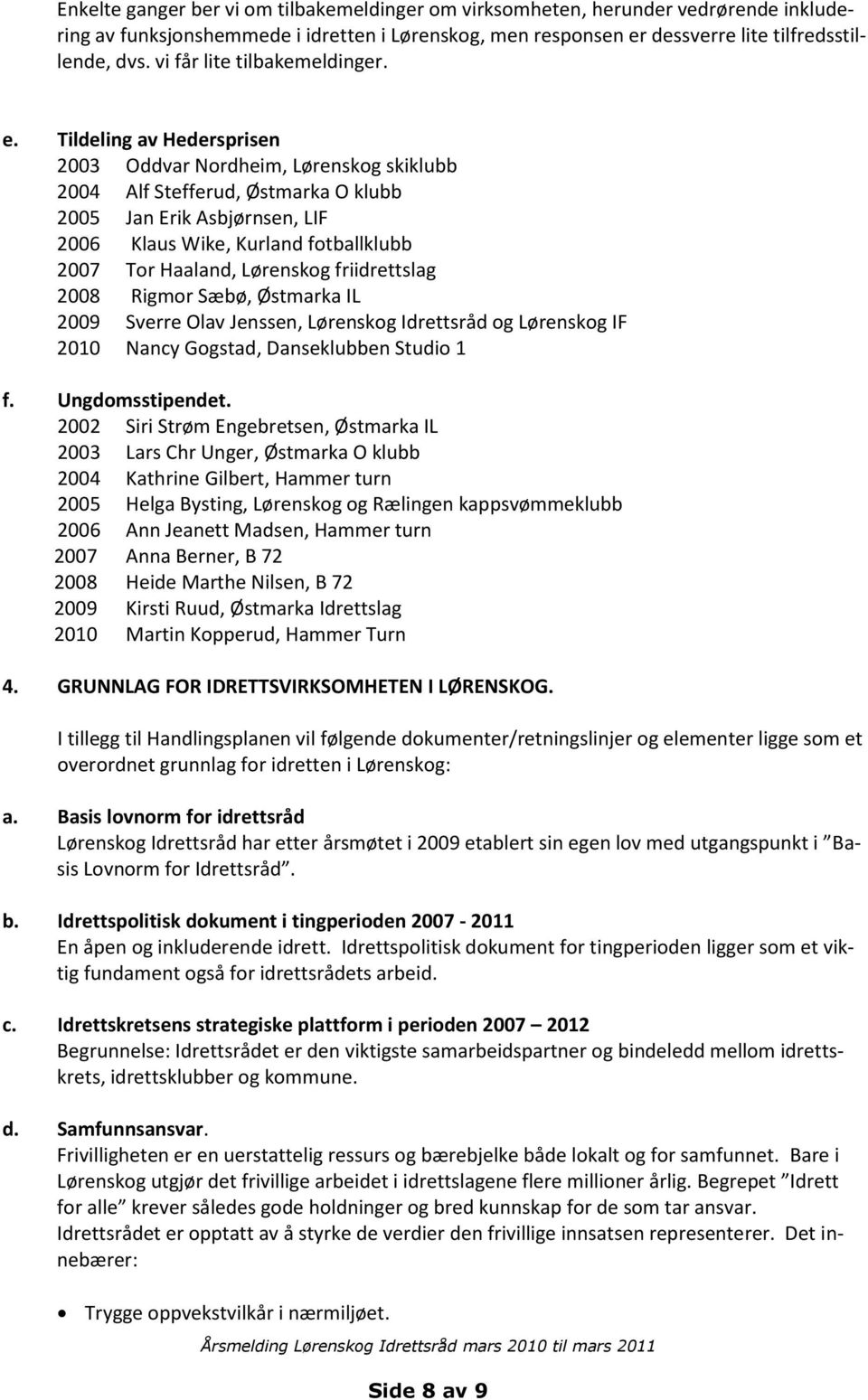 Tildeling av Hedersprisen 2003 Oddvar Nordheim, Lørenskog skiklubb 2004 Alf Stefferud, Østmarka O klubb 2005 Jan Erik Asbjørnsen, LIF 2006 Klaus Wike, Kurland fotballklubb 2007 Tor Haaland, Lørenskog