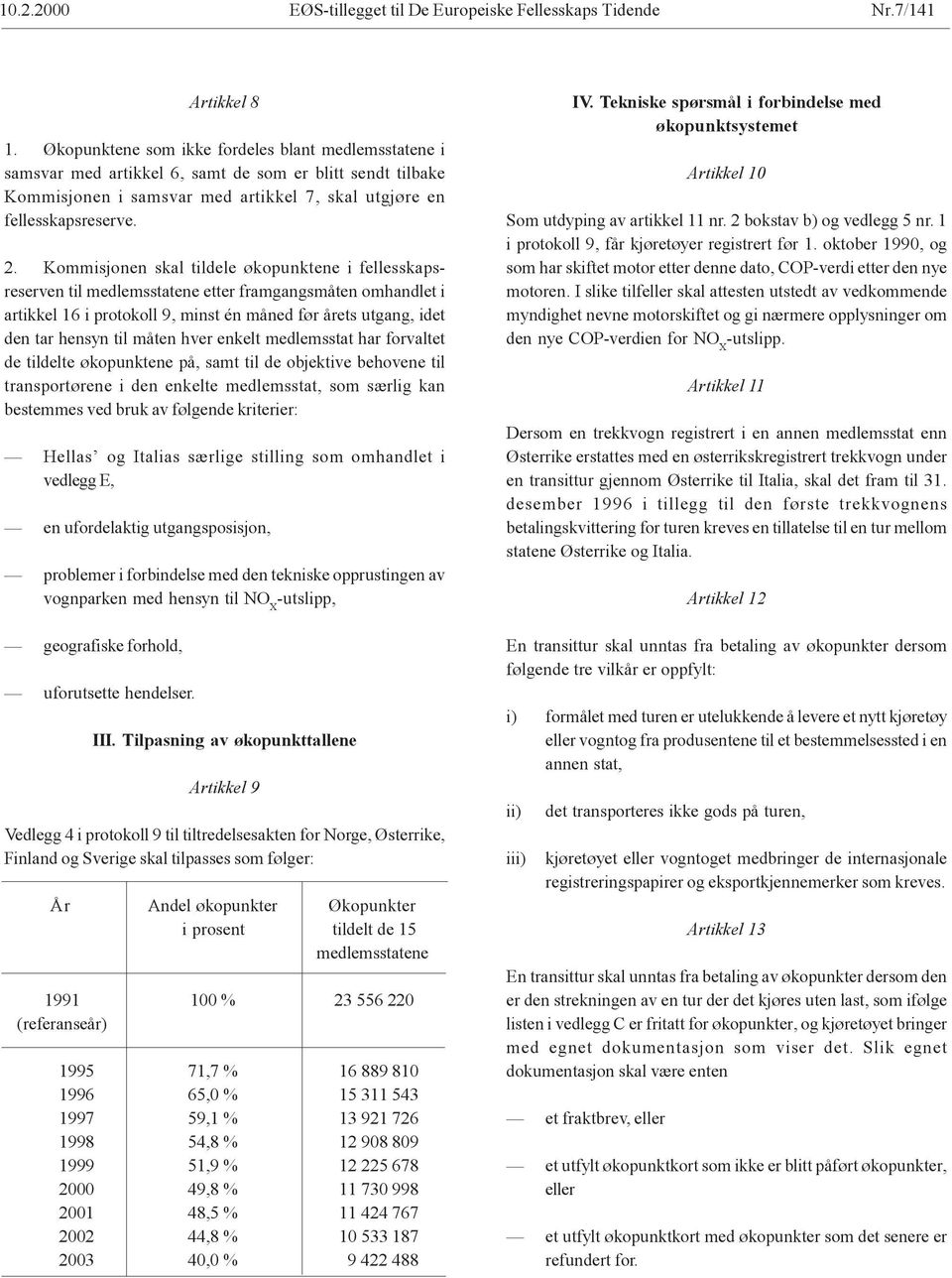 Kommisjonen skal tildele økopunktene i fellesskapsreserven til medlemsstatene etter framgangsmåten omhandlet i artikkel 16 i protokoll 9, minst én måned før årets utgang, idet den tar hensyn til