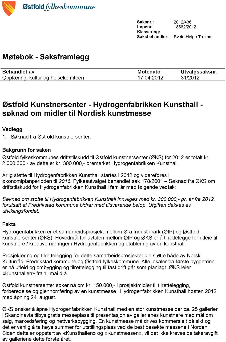 Bakgrunn for saken Østfold fylkeskommunes driftstilskudd til Østfold kunstnersenter (ØKS) for 2012 er totalt kr. 2.000.600,- av dette er kr. 300.000,- øremerket Hydrogenfabrikken Kunsthall.