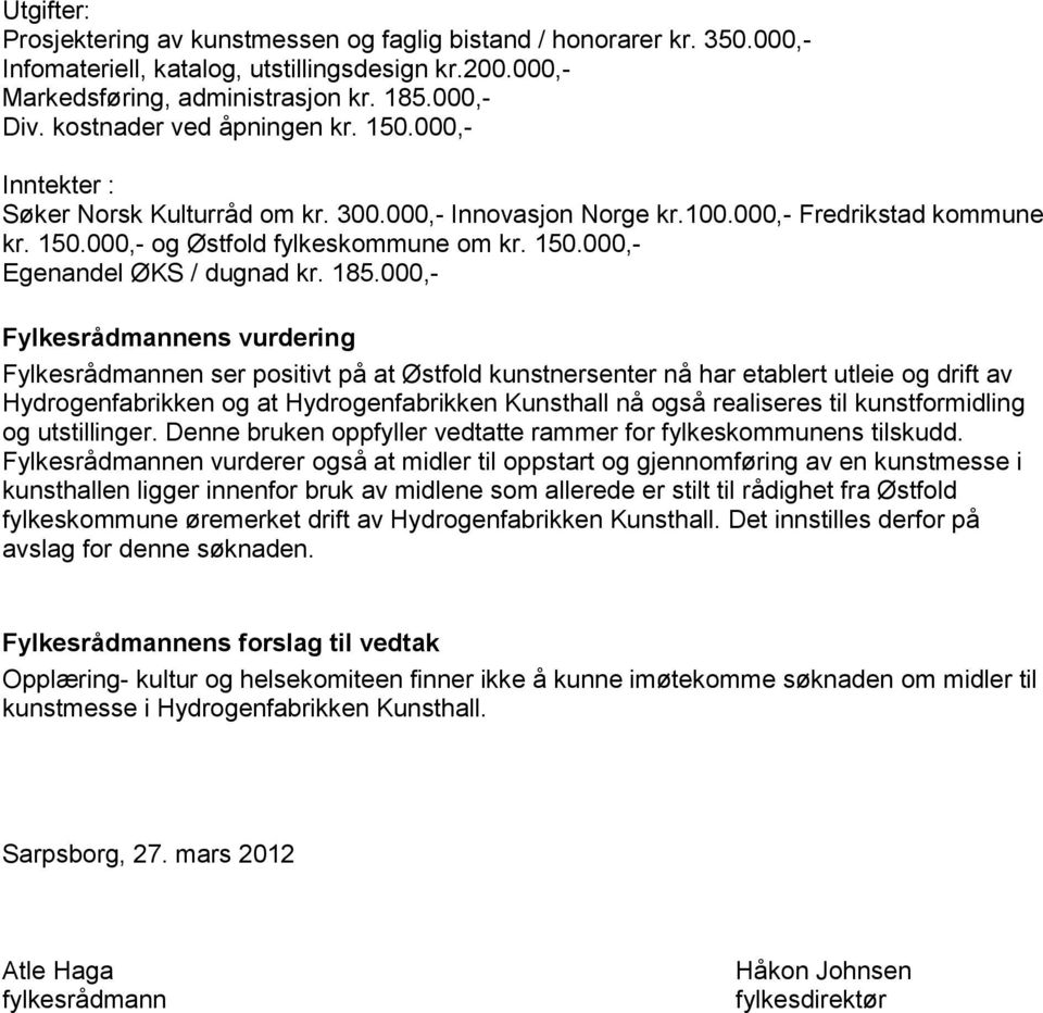 185.000,- Fylkesrådmannens vurdering Fylkesrådmannen ser positivt på at Østfold kunstnersenter nå har etablert utleie og drift av Hydrogenfabrikken og at Hydrogenfabrikken Kunsthall nå også