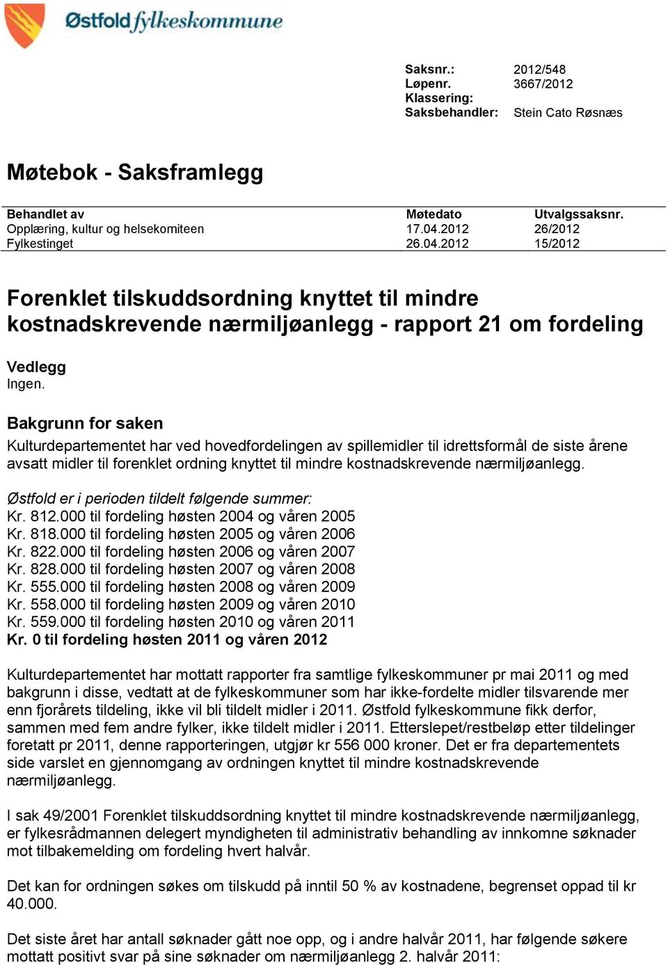 Bakgrunn for saken Kulturdepartementet har ved hovedfordelingen av spillemidler til idrettsformål de siste årene avsatt midler til forenklet ordning knyttet til mindre kostnadskrevende nærmiljøanlegg.