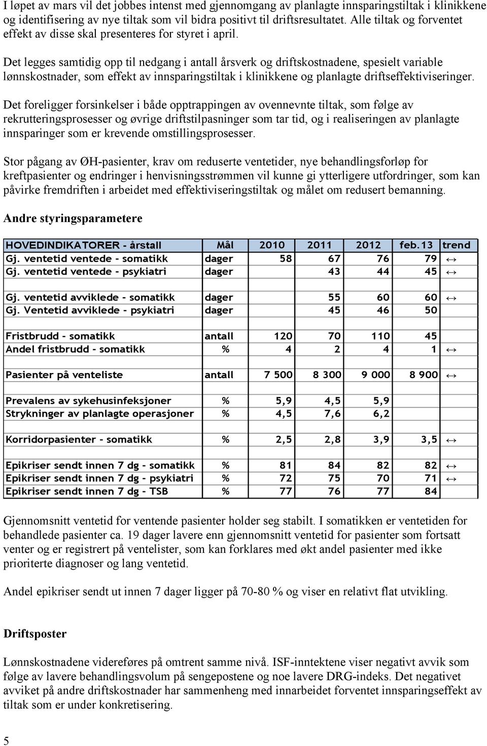 Det legges samtidig opp til nedgang i antall årsverk og driftskostnadene, spesielt variable lønnskostnader, som effekt av innsparingstiltak i klinikkene og planlagte driftseffektiviseringer.