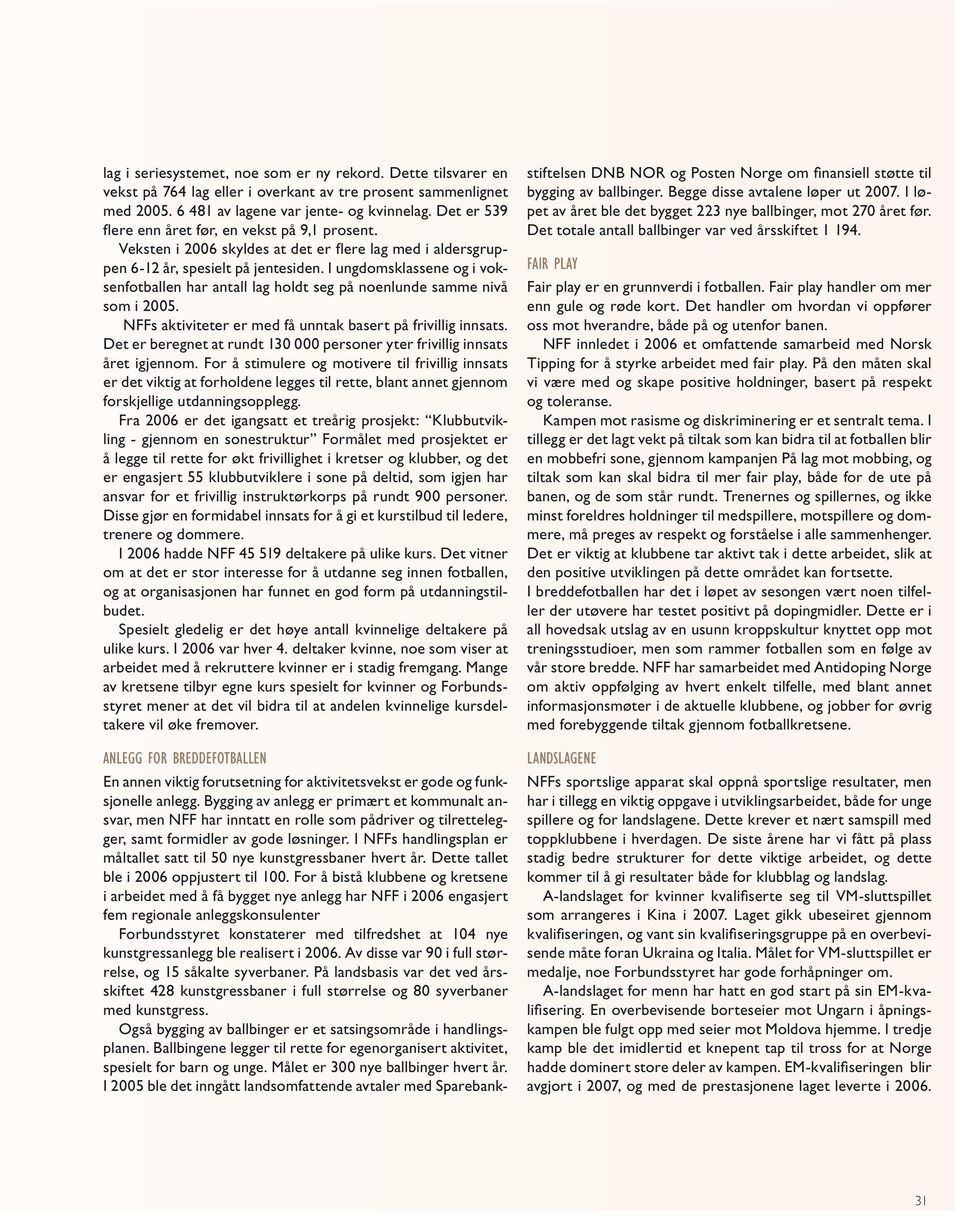 I ungdomsklassene og i voksenfotballen har antall lag holdt seg på noenlunde samme nivå som i 2005. NFFs aktiviteter er med få unntak basert på frivillig innsats.
