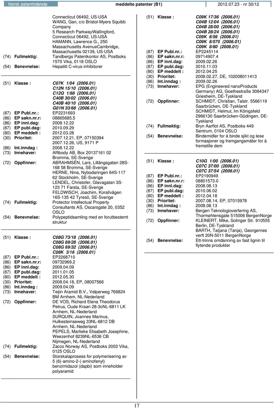 01) C12N 15/10 (2006.01) C12Q 1/68 (2006.01) C40B 30/02 (2006.01) C40B 40/10 (2006.01) G01N 33/68 (2006.01) (87) EP Publ.nr.: EP2231693 (86) EP søkn.nr.r: 08865685.5 (86) EP innl.dag: 2008.12.22 (87) EP publ.