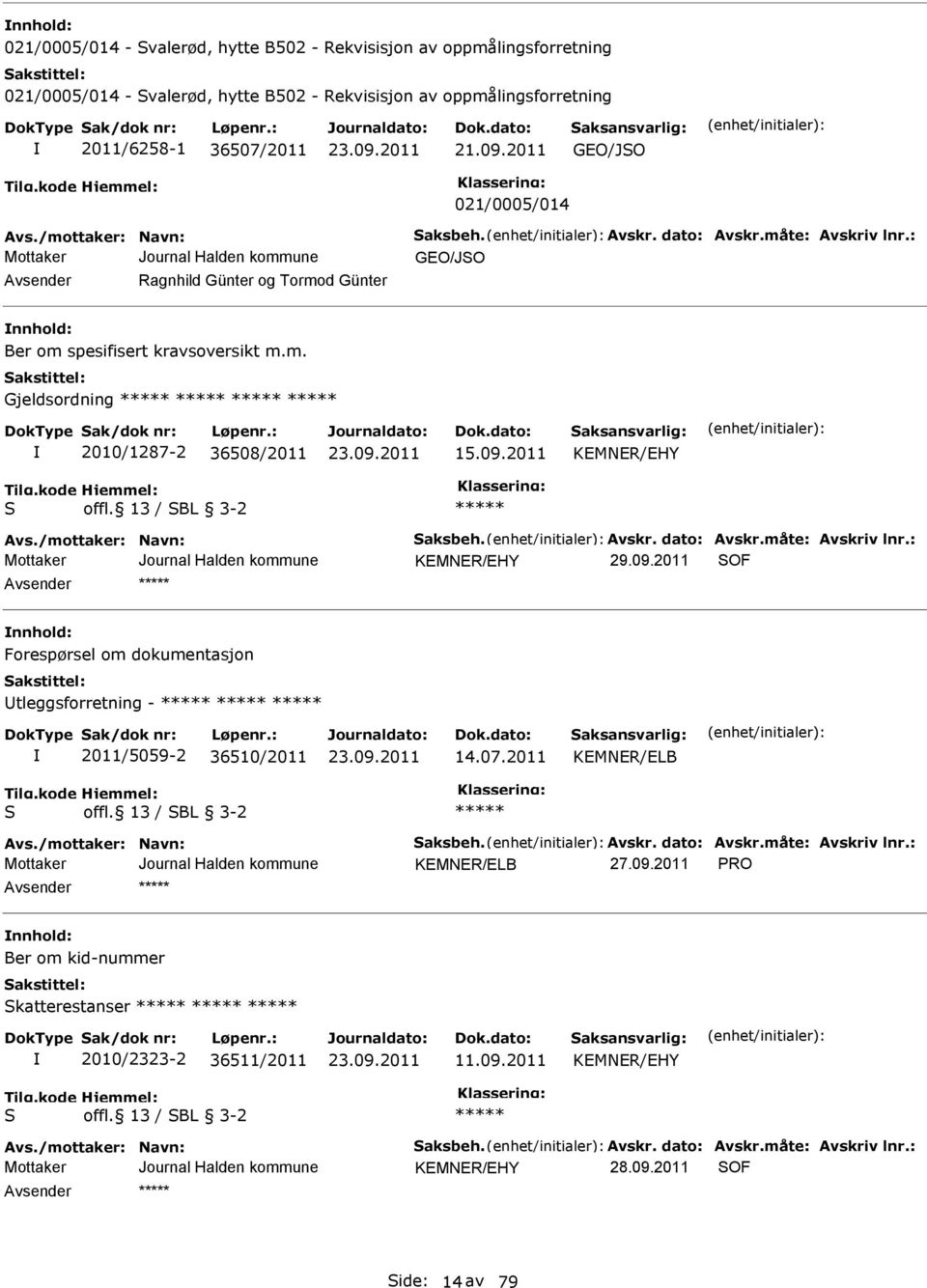 09.2011 KMNR/HY S offl. 13 / SBL 3-2 KMNR/HY 29.09.2011 SOF nnhold: Forespørsel om dokumentasjon Utleggsforretning - 2011/5059-2 36510/2011 14.07.2011 KMNR/LB S offl.