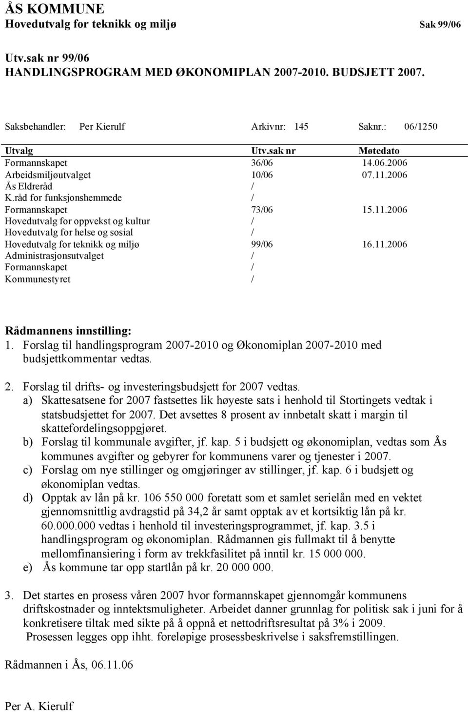 11.2006 Administrasjonsutvalget / Formannskapet / Kommunestyret / Rådmannens innstilling: 1. Forslag til handlingsprogram 2007-2010 og Økonomiplan 2007-2010 med budsjettkommentar vedtas. 2. Forslag til drifts- og investeringsbudsjett for 2007 vedtas.