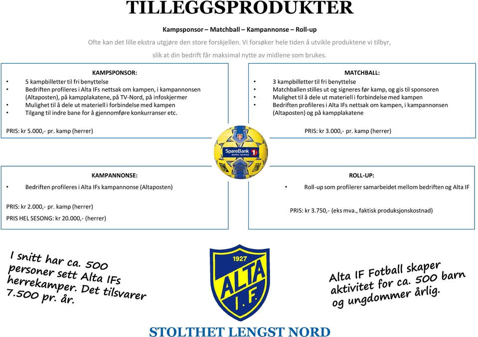 KAMPSPONSOR: 5 kampbilletter til fri benyttelse Bedriften profileres i Alta IFs nettsak om kampen, i kampannonsen (Altaposten), på kampplakatene, på TV-Nord, på infoskjermer Mulighet til å dele ut