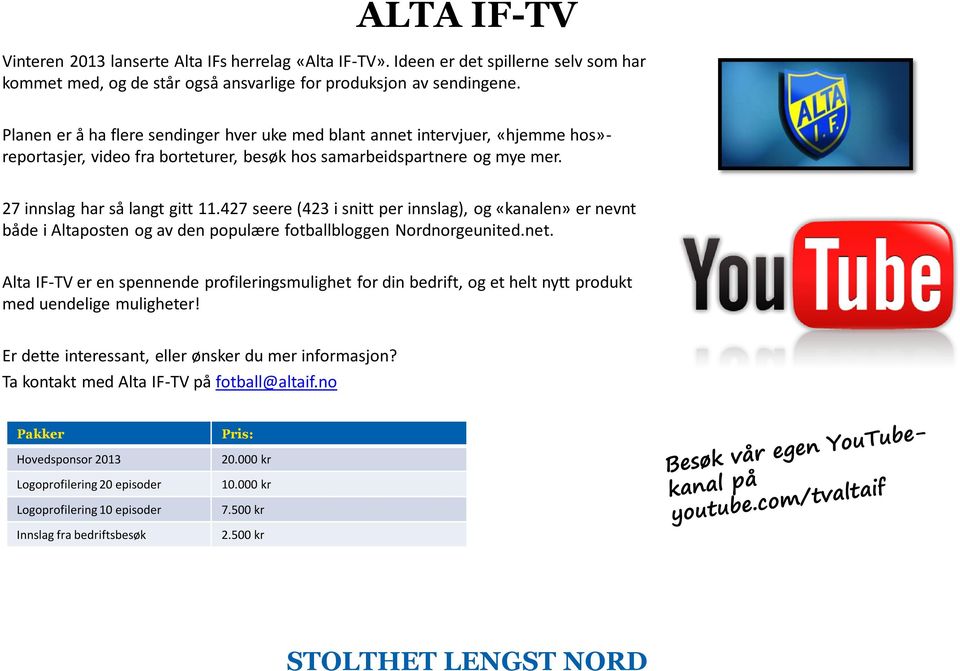 427 seere (423 i snitt per innslag), og «kanalen» er nevnt både i Altaposten og av den populære fotballbloggen Nordnorgeunited.net.