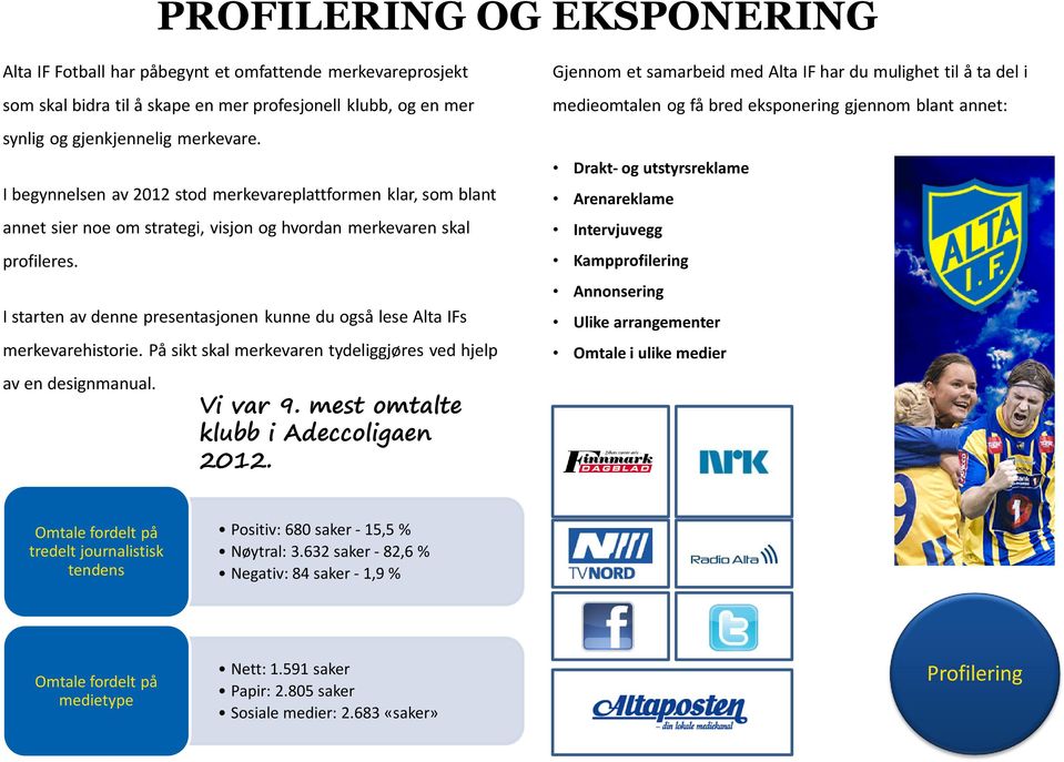 I starten av denne presentasjonen kunne du også lese Alta IFs merkevarehistorie. På sikt skal merkevaren tydeliggjøres ved hjelp av en designmanual. Vi var 9. mest omtalte klubb i Adeccoligaen 2012.