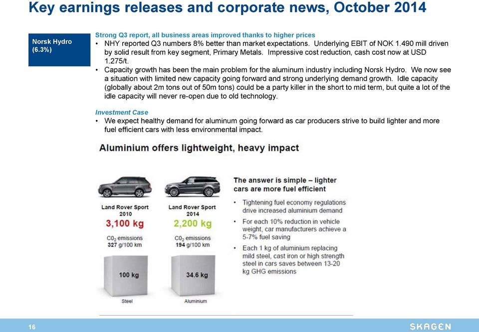 490 mill driven by solid result from key segment, Primary Metals. Impressive cost reduction, cash cost now at USD 1.275/t.