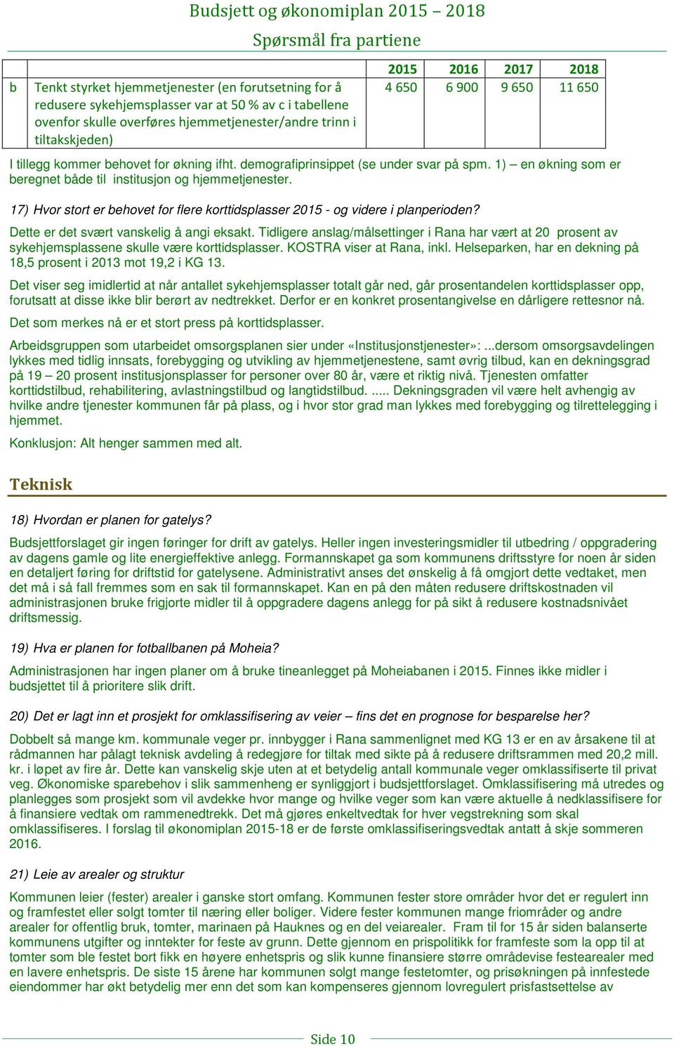 1) en økning som er beregnet både til institusjon og hjemmetjenester. 17) Hvor stort er behovet for flere korttidsplasser 2015 - og videre i planperioden? Dette er det svært vanskelig å angi eksakt.