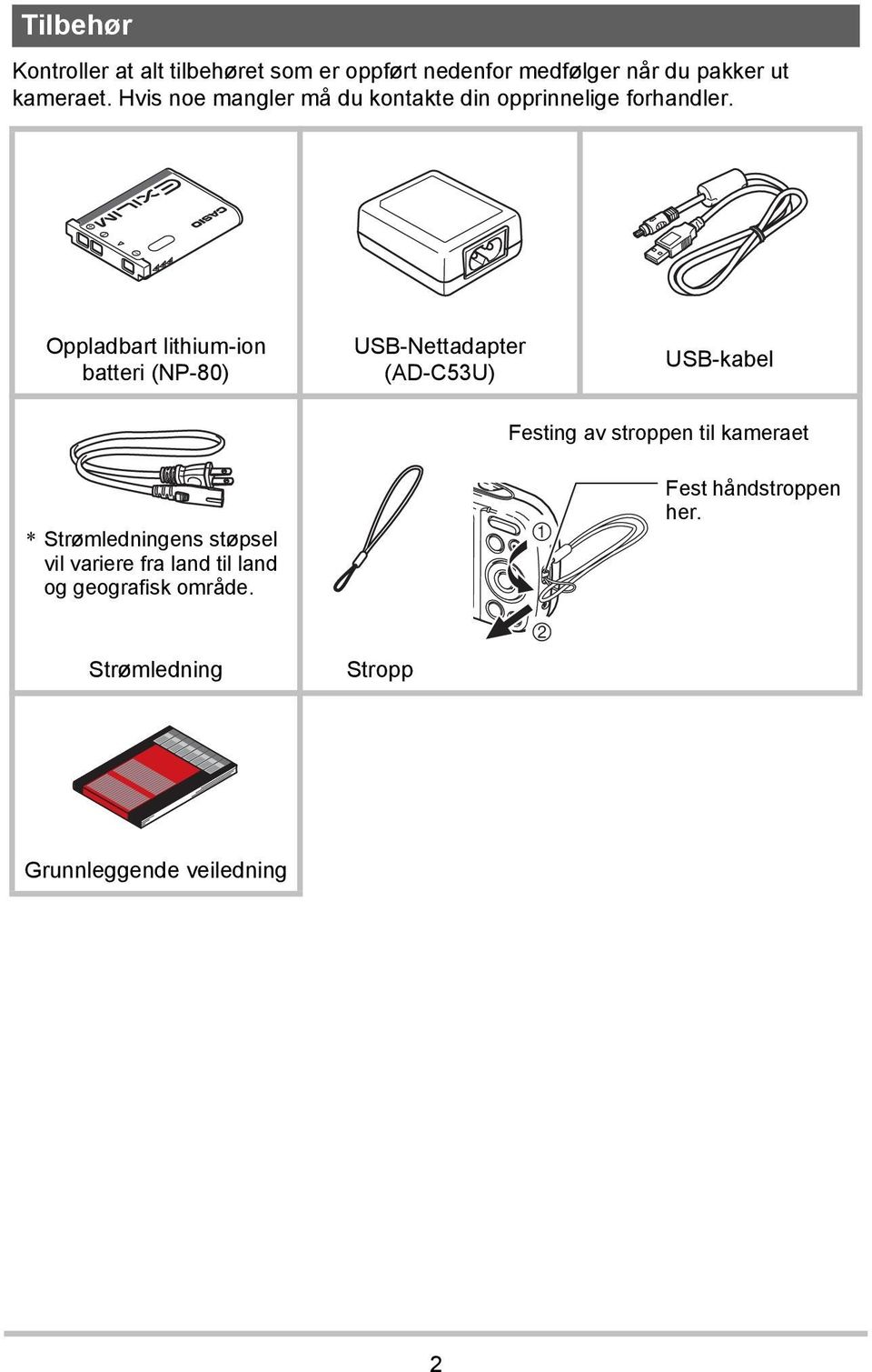 Oppladbart lithium-ion batteri (NP-80) USB-Nettadapter (AD-C53U) USB-kabel Festing av stroppen til