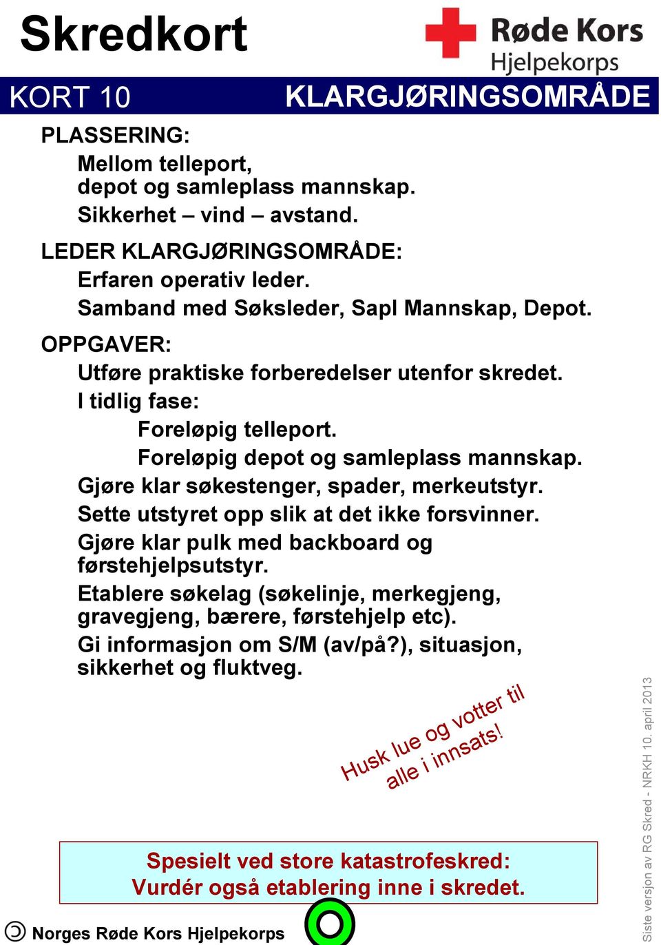 Gjøre klar søkestenger, spader, merkeutstyr. Sette utstyret opp slik at det ikke forsvinner. Gjøre klar pulk med backboard og førstehjelpsutstyr.