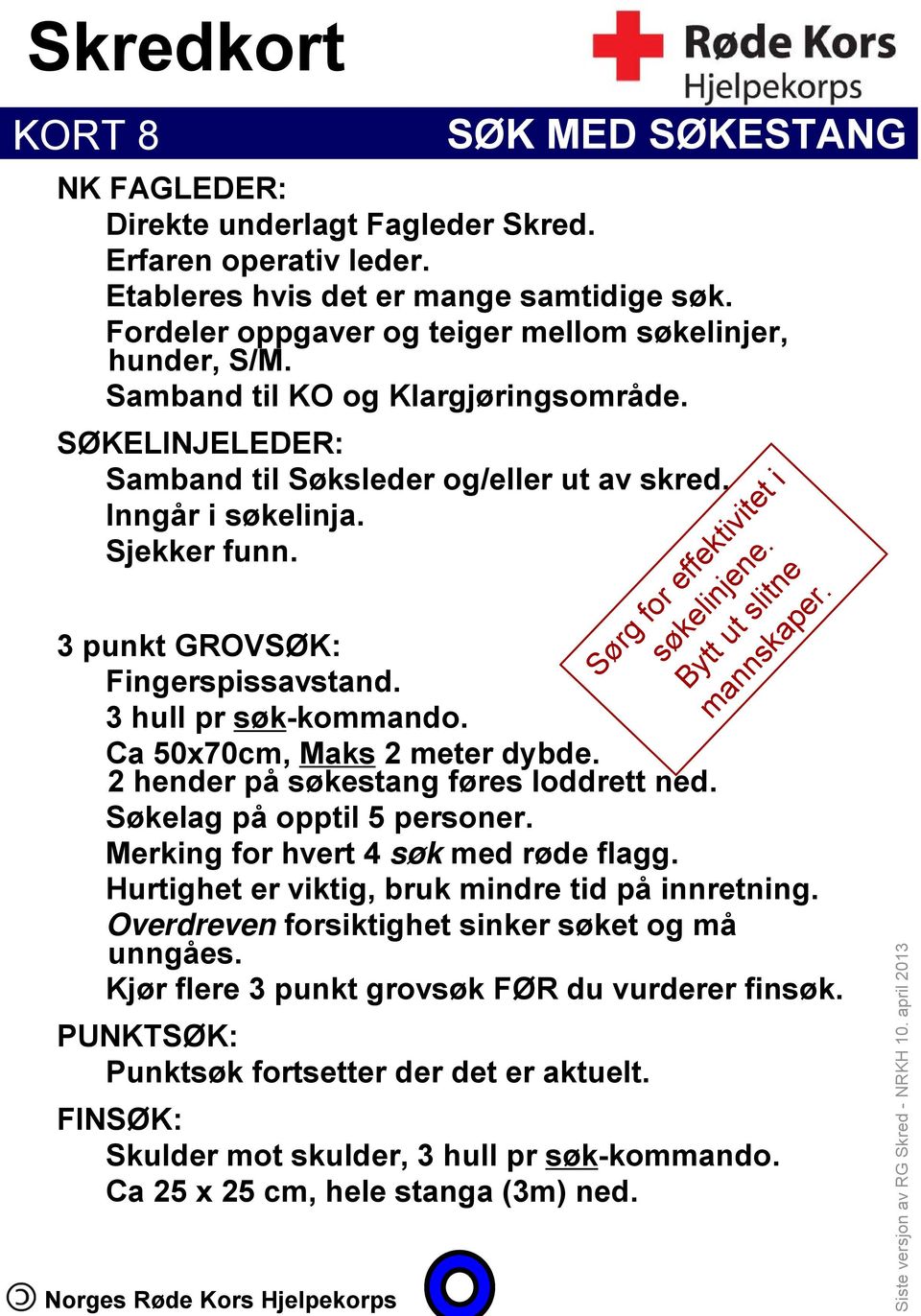 Ca 50x70cm, Maks 2 meter dybde. 2 hender på søkestang føres loddrett ned. Søkelag på opptil 5 personer. Merking for hvert 4 søk med røde flagg. Hurtighet er viktig, bruk mindre tid på innretning.