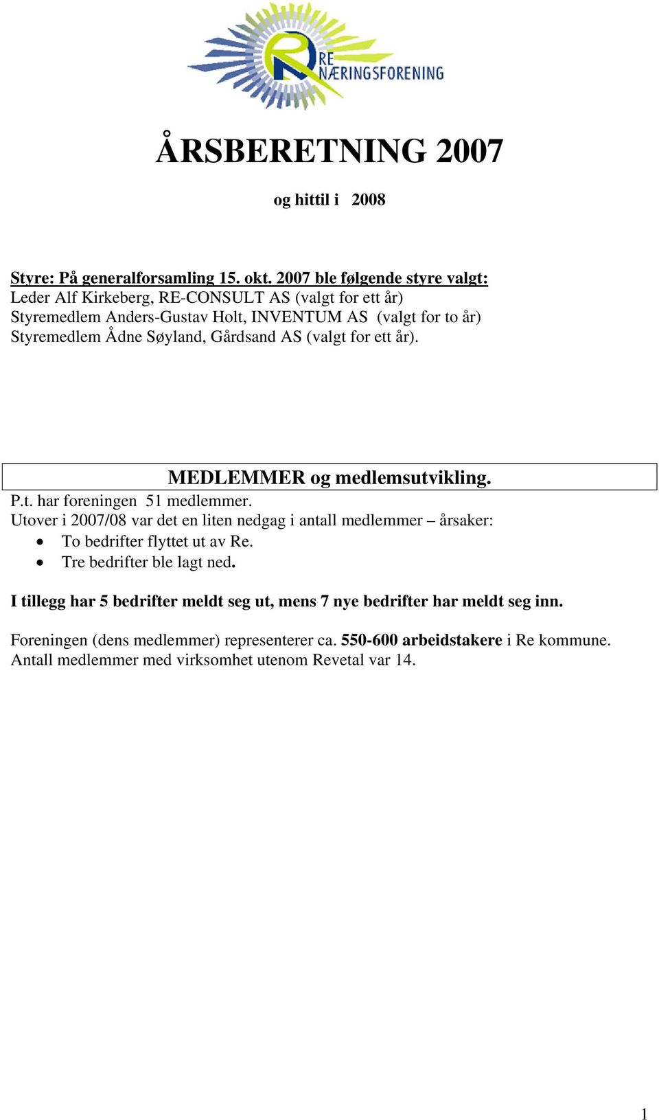 Søyland, Gårdsand AS (valgt for ett år). MEDLEMMER og medlemsutvikling. P.t. har foreningen 51 medlemmer.