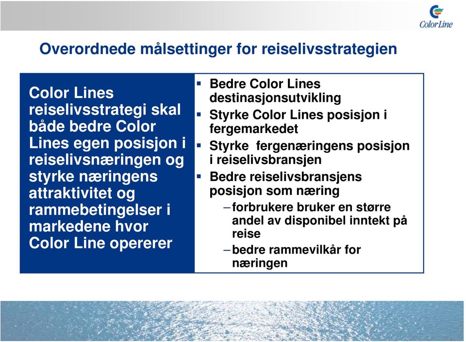 destinasjonsutvikling Styrke Color Lines posisjon i fergemarkedet Styrke fergenæringens posisjon i reiselivsbransjen Bedre