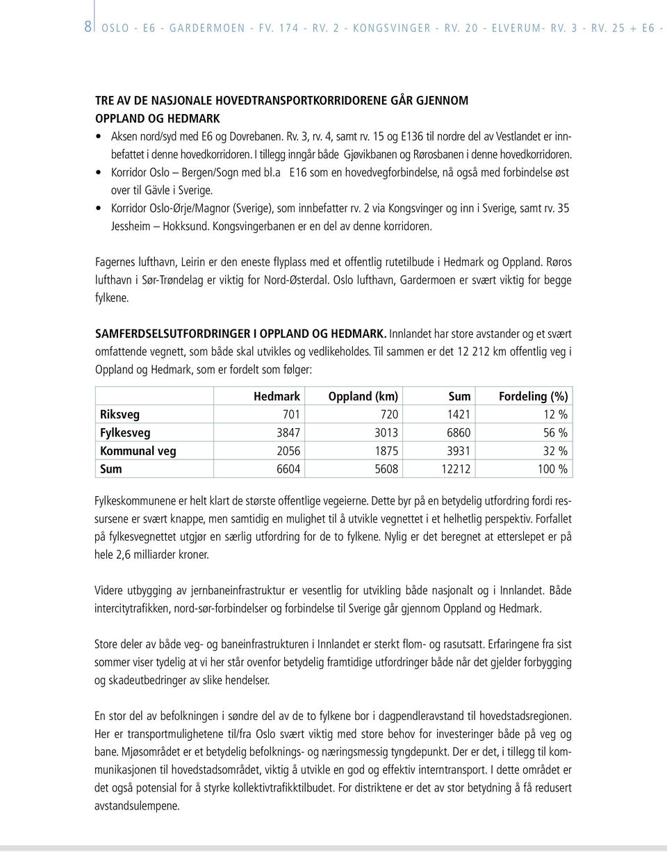 15 og E136 til nordre del av Vestlandet er innbefattet i denne hovedkorridoren. I tillegg inngår både Gjøvikbanen og Rørosbanen i denne hovedkorridoren. Korridor Oslo Bergen/Sogn med bl.