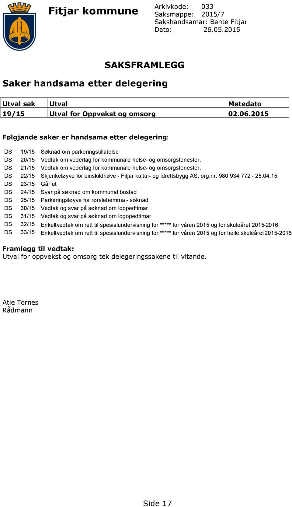 2015 Følgjande saker er handsama etter delegering: DS 19/15 Søknad om parkeringstillatelse DS 20/15 Vedtak om vederlag for kommunale helse- og omsorgstenester.