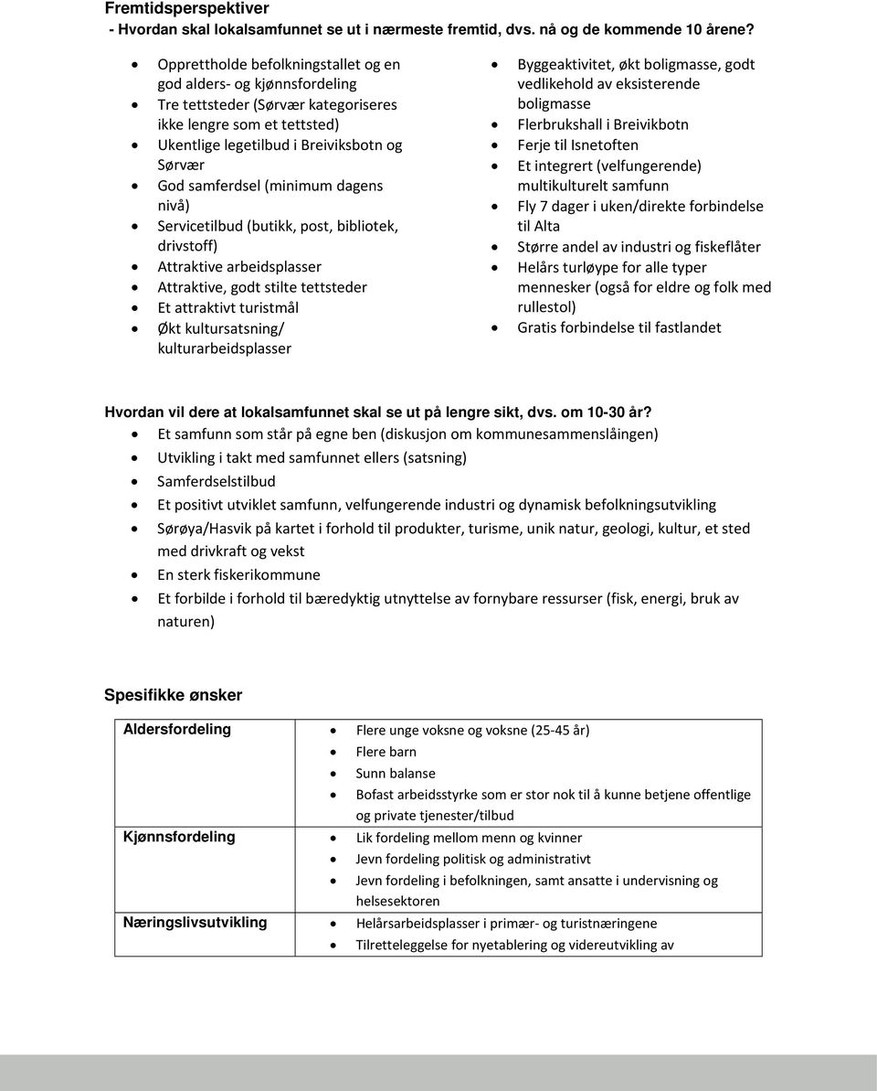 (minimum dagens nivå) Servicetilbud (butikk, post, bibliotek, drivstoff) Attraktive arbeidsplasser Attraktive, godt stilte tettsteder Et attraktivt turistmål Økt kultursatsning/ kulturarbeidsplasser