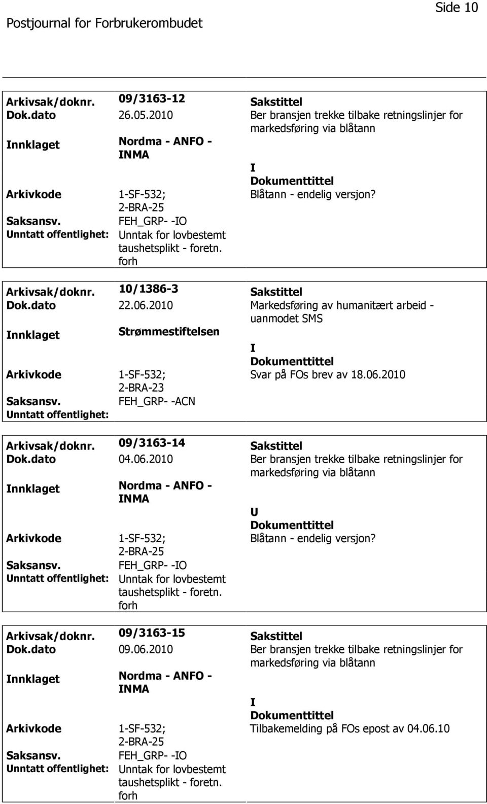 2010 Markedsføring av humanitært arbeid - uanmodet SMS nnklaget Strømmestiftelsen 2-BRA-23 Svar på FOs brev av 18.06.