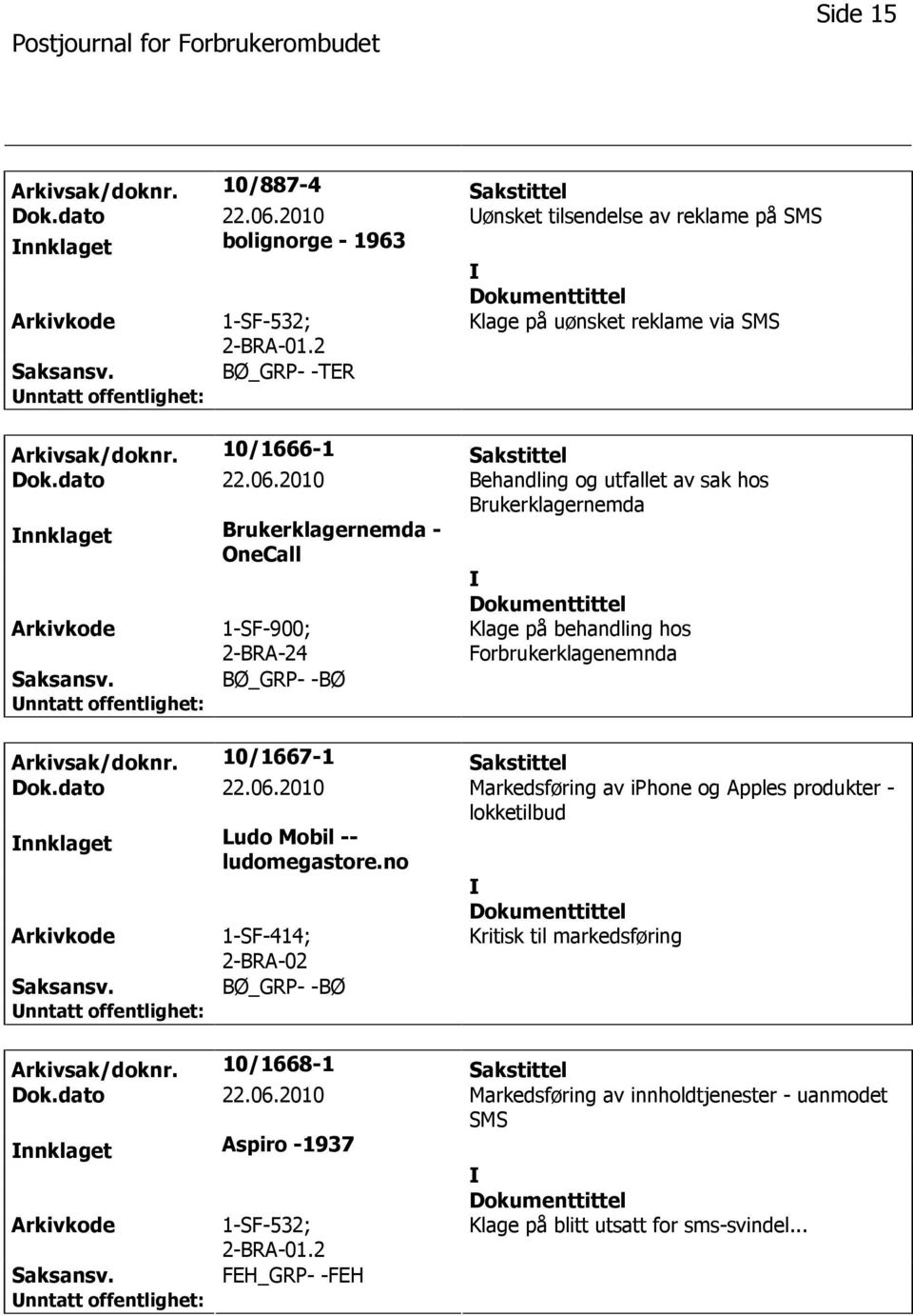 2010 Behandling og utfallet av sak hos Brukerklagernemda nnklaget Brukerklagernemda - OneCall 1-SF-900; 2-BRA-24 Klage på behandling hos Forbrukerklagenemnda BØ_GRP- -BØ Arkivsak/doknr.