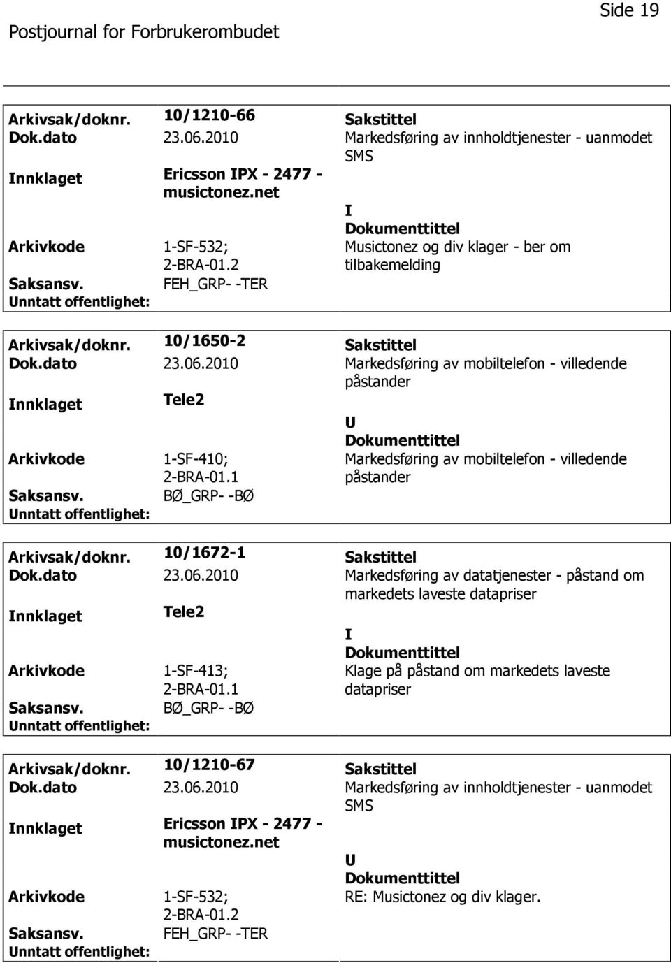 2010 Markedsføring av mobiltelefon - villedende påstander nnklaget Tele2 1-SF-410; 2-BRA-01.1 BØ_GRP- -BØ Markedsføring av mobiltelefon - villedende påstander Arkivsak/doknr. 10/1672-1 Sakstittel Dok.