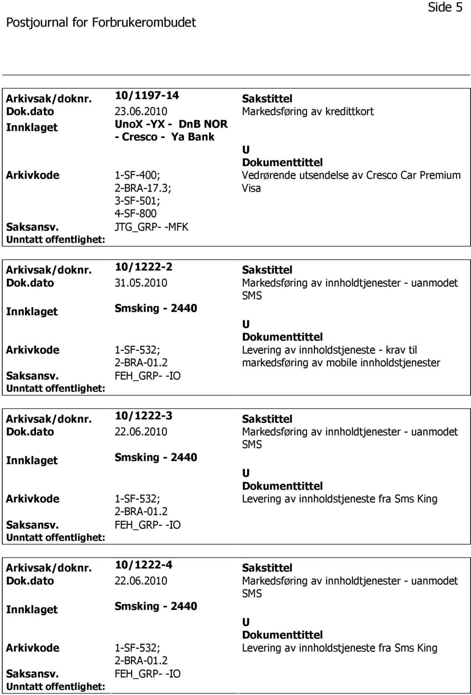 2010 Markedsføring av innholdtjenester - uanmodet SMS nnklaget Smsking - 2440 2-BRA-01.2 Levering av innholdstjeneste - krav til markedsføring av mobile innholdstjenester FEH_GRP- -O Arkivsak/doknr.