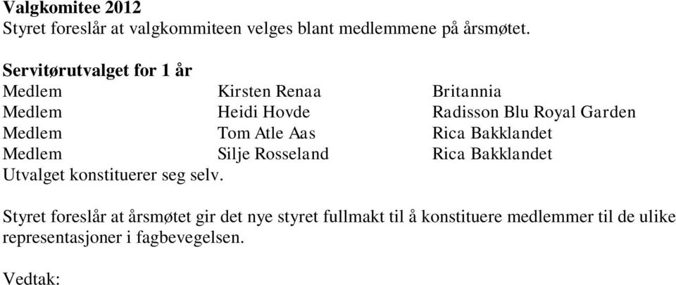 Tom Atle Aas Rica Bakklandet Medlem Silje Rosseland Rica Bakklandet Utvalget konstituerer seg selv.