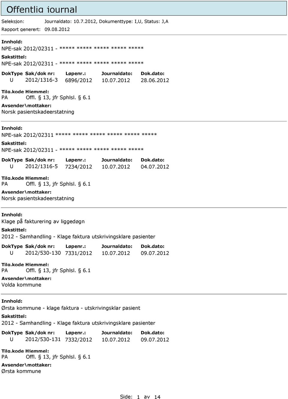 2012 nnhold: NE-sak 2012/02311 NE-sak 2012/02311-2012/1316-5 7234/2012 Norsk pasientskadeerstatning 04.07.