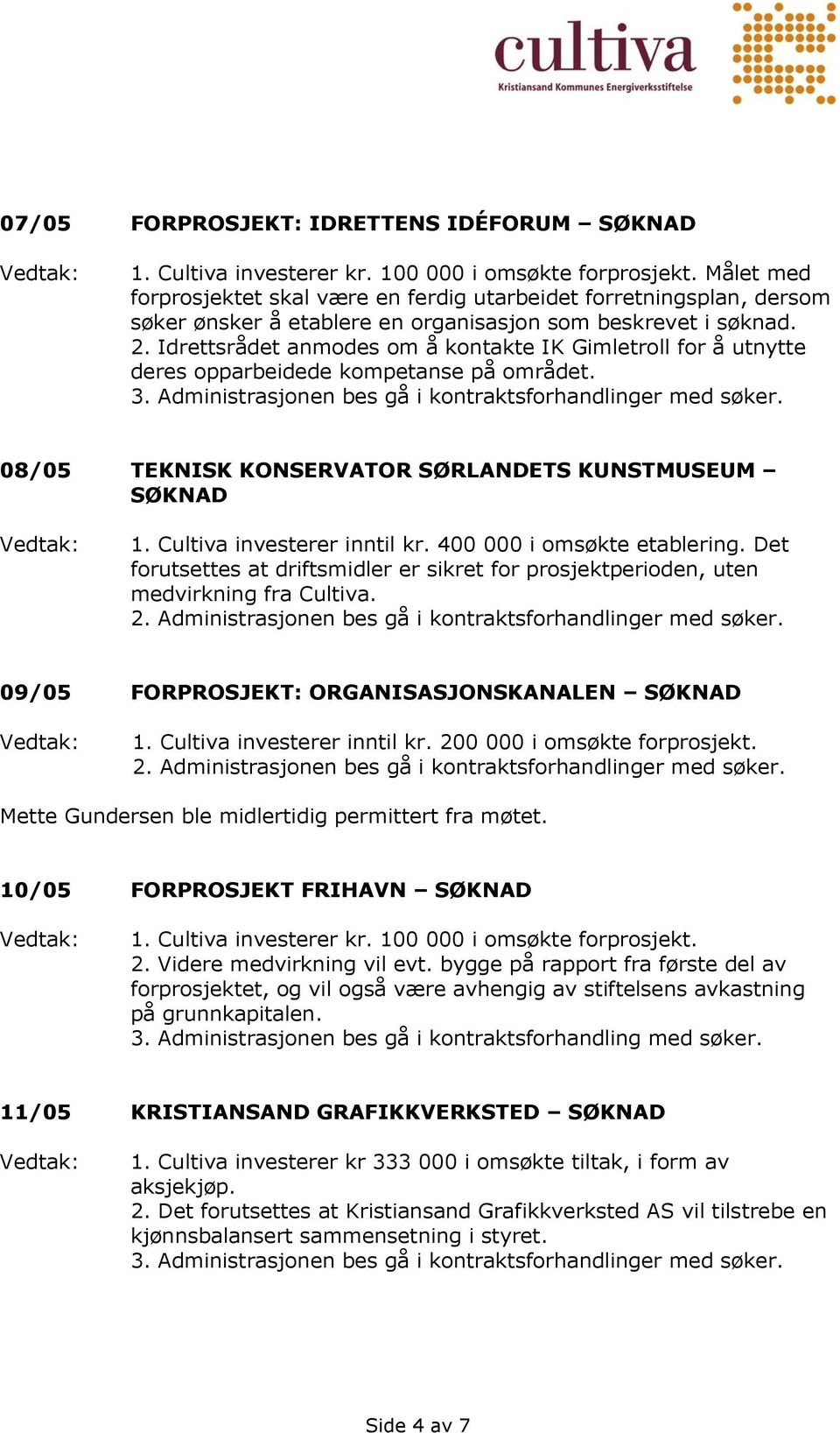 Idrettsrådet anmodes om å kontakte IK Gimletroll for å utnytte deres opparbeidede kompetanse på området. 08/05 TEKNISK KONSERVATOR SØRLANDETS KUNSTMUSEUM SØKNAD 1. Cultiva investerer inntil kr.