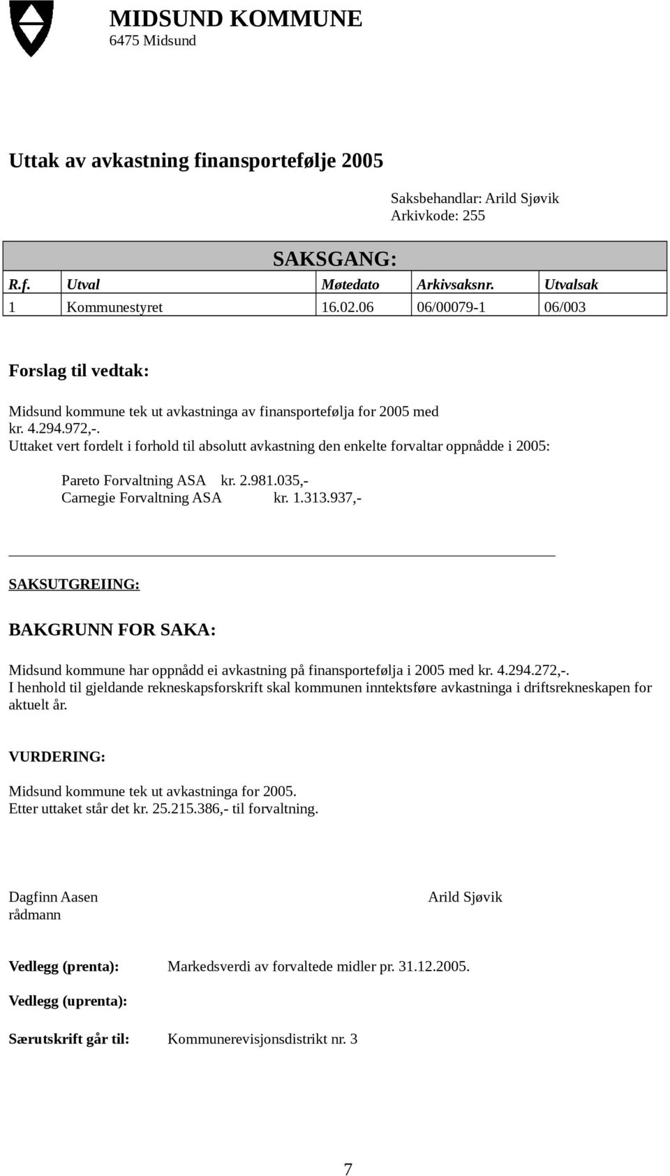 Uttaket vert fordelt i forhold til absolutt avkastning den enkelte forvaltar oppnådde i 2005: Pareto Forvaltning ASA kr. 2.981.035,- Carnegie Forvaltning ASA kr. 1.313.